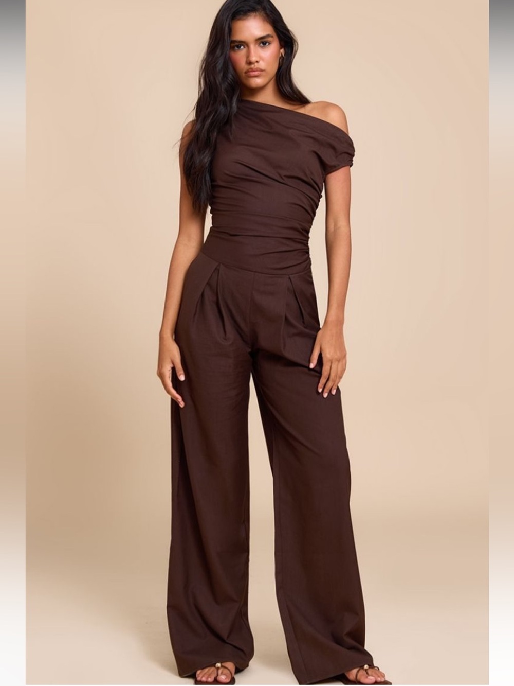 NWT Chocolate One Shoulder Ruched Wide Leg Jumpsuit US 4 Small Elegant Evening